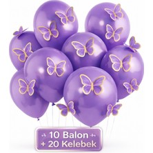 Bkmc Party Soft  3D Kelebekli Balon Seti – 10  Balon + 20 Kelebek Doğum Günü Parti Seti Süsü