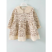 Cacobebiş Kız Bebek Alfa Yaka Çiçek Baskılı Uzun Kollu Müslin Kumaş Elbise