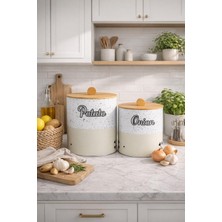 Bambu Kapaklı Metal Patates Soğanlık Krem Taş Desenli Decorev Dc 7099