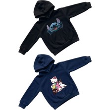 Machi Kız Çocuk Siyah Stitch Lacivert Hello Kitty Friends Baskılı Kapüşonlu Sweatshirt Hoodie