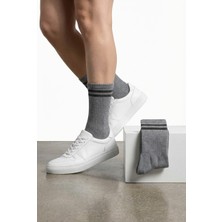 Lykos 2 Çift Gri Erkek Tenis Çorabı - Çizgili Retro Soket Çorap Seti - Pamuklu Konfor