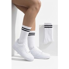 Lykos 2 Çift Beyaz Tenis Çorabı - Çizgili Retro Soket Çorap Seti - Pamuklu Konfor