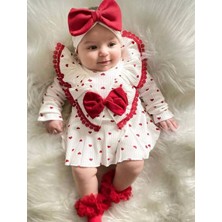 Cacobebiş Kırmızı Kalpli Pamuklu Yeni Doğan Bandanalı Romper Salopet Kız Bebek Takım