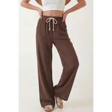 Veleno Kadın Palazzo Pantolon Müslin Kahverengi Geniş Paça Yüksek Bel