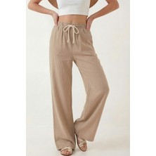 Veleno Kadın Palazzo Pantolon Müslin Bej Geniş Paça Yüksek Bel