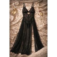 Çeyize Dair Herşey Asil Gece Çift Yırtmaçlı Uzun Dantel Gecelik