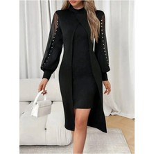 Tül ve Inci Detaylı Midi Elbise