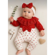 Cacobebiş Kız Bebek Dantel Yaka Fiyonklu Bandanalı Kalpli Tulum Kırmızı