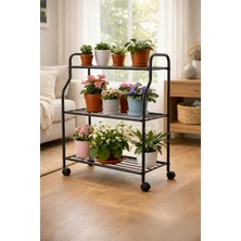 Siyah 3 Katlı Metal Tekerlekli Mutfak ve Dekoratif Saksılık Raflı-Organizer