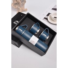 Delixa Paslanmaz Çelik Termos 3 Bardaklı Termos Seti Özel Kutulu Vakumlu Termos Set Çok Renkli Lacivert