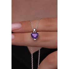 925 Ayar Gümüş Mor Kalp Taşlı Zarif Kolye