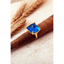 Sümer Telkari 5 Farklı Doğal Taş Seçenekli Altın Yaldızlı Kare 925 Ayar Gümüş Ayarlanabilir Yüzük 6013