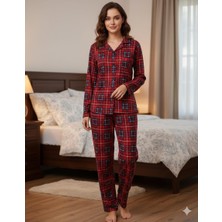 Biricik İç Giyim Kadın Ekoseli Önden Düğmeli Süet Pijama Takımı