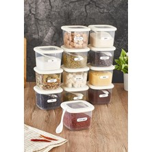 Hepta Collection Vienev Vienev Foly 12'li Set Küçük Boy 0,55 Litre Etiketli Kaşıklı Kare Erzak Saklama Kabı Beyaz