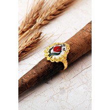 Sümer Telkari Laleli Çini Desenli Altın Yaldızlı Ayarlanabilir 925 Ayar Gümüş Damla Yüzük 6014