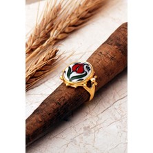 Sümer Telkari Laleli Çini Desenli Altın Yaldızlı Ayarlanabilir 925 Ayar Gümüş Oval Yüzük 6015