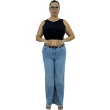 Carmito Büyük Beden Denim Kemerli Yüksek Bel Toparlayıcı Bol Paça Kadın Pantolon