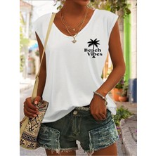 Mercoledi Beach Vibes Baskılı Kadın Oversize Kolsuz T-Shırt