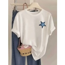 Mercoledi Mavi Yıldız Baskılı Oversize Bisiklet Yaka T-Shirt