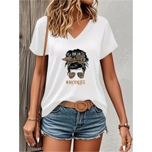 Mercoledi Mom Lıfe Baskılı Kadın Oversize V Yaka T-Shırt