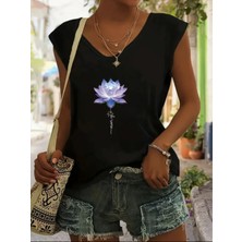 Mercoledi Lotus Çiçeği Baskılı Kadın Oversize Kolsuz T-Shırt