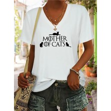 Mercoledi Mother Of Cats Baskılı Kadın Oversize V Yaka T-Shırt
