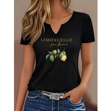 Mercoledi Kadın Limoncello Baskılı Yarım V-Yaka Kollu Regular Kalıp Rahat T-Shirt
