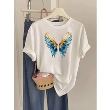 Mercoledi Tasarım Melek Kanatlı Baskılı Oversize Bisiklet Yaka T-Shirt