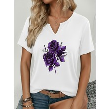 Mercoledi Kadın Gül Baskılı Yarım V-Yaka Kollu Regular Kalıp Rahat T-Shirt