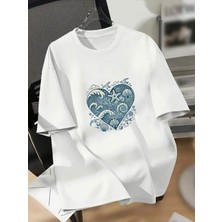 Mercoledi Kalp Baskılı Oversize Bisiklet Yaka T-Shirt