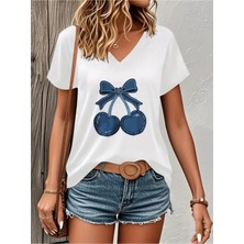 Mercoledi Denim Cherry Baskılı Kadın Oversize V Yaka T-Shırt