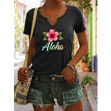 Mercoledi Kadın Aloha Baskılı Yarım V-Yaka Kollu Regular Kalıp Rahat T-Shirt