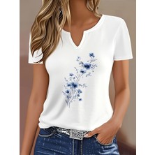 Mercoledi Kadın Mavi Çiçek Baskılı Yarım V-Yaka Kollu Regular Kalıp Rahat T-Shirt