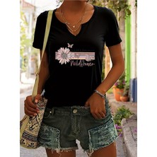 Mercoledi Kadın Wildflower Baskılı Yarım V-Yaka Kollu Regular Kalıp Rahat T-Shirt