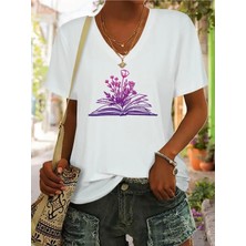 Mercoledi Flowers Book Baskılı Kadın Oversize V Yaka T-Shırt