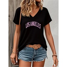 Mercoledi Los Angeles Baskılı Kadın Oversize V Yaka T-Shırt