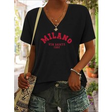 Mercoledi Mılano Baskılı Kadın Oversize V Yaka T-Shırt