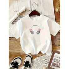 Mercoledi Kurdeleli Kulaklık Baskılı Oversize Bisiklet Yaka T-Shirt