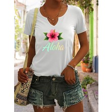 Mercoledi Kadın Aloha Baskılı Yarım V-Yaka Kollu Regular Kalıp Rahat T-Shirt