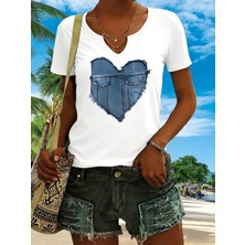 Mercoledi Kadın Kot Desenli Baskılı Yarım V-Yaka Kollu Regular Kalıp Rahat T-Shirt