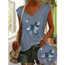 Mercoledi Kedi Baskılı Kadın Oversize Kolsuz T-Shırt