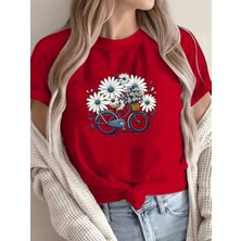 Mercoledi Papatya ve Bisiklet Baskılı Unısex Oversize Bisiklet Yaka T-Shirt