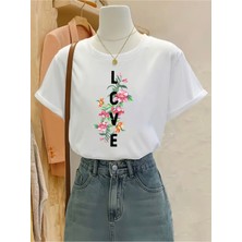 Mercoledi Flowers Love Baskılı Oversize Bisiklet Yaka T-Shirt