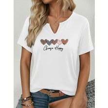 Mercoledi Kadın Choose Happy Baskılı Yarım V-Yaka Kollu Regular Kalıp Rahat T-Shirt