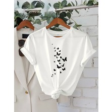 Mercoledi Minik Kelebekler Baskılı Oversize Bisiklet Yaka T-Shirt