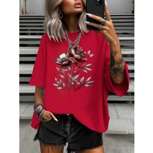 Mercoledi Kırmızı Çiçek Baskılı Oversize Tişört