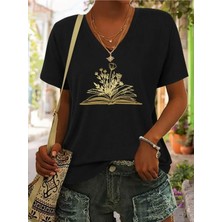 Mercoledi Flowers Book Baskılı Kadın Oversize V Yaka T-Shırt