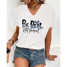 Mercoledi V Yaka Oversize Be Real Baskılı Tişört