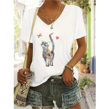 Mercoledi Renkli Kedi Baskılı Kadın Oversize V Yaka T-Shırt