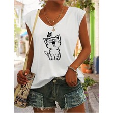 Mercoledi Kedi Baskılı Kadın Oversize Kolsuz T-Shırt